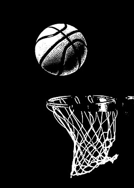Basketball and hoop in black and white