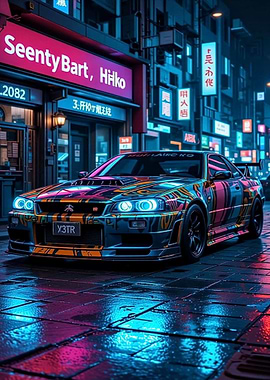 Cyberpunk Car in Neon Cityscape