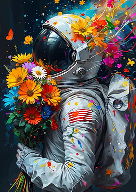 Astronaut with Flowers in Space Art