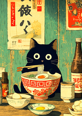 Black Cat Eating Ramen Illustration