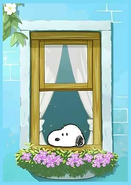 Snoopy in Window with Flowers