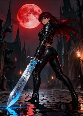 Warrior woman with sword under red moon