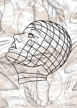 Abstract Face with Grid and Leaves