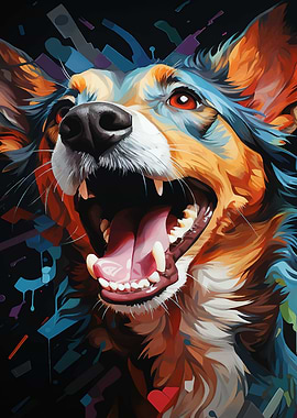 Colorful Dog Portrait with Open Mouth
