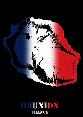 Réunion France Topographic Contour Relief Map blending terrain features into its emblematic colorful flag