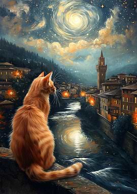 Cat gazing at Florence night scene