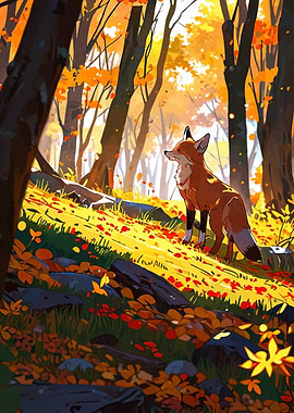Fox in Autumn Forest Illustration