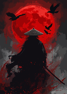 Painting Art of Samurai with Crows and Red Moon