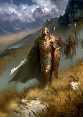 Golden armored warrior in fantasy landscape