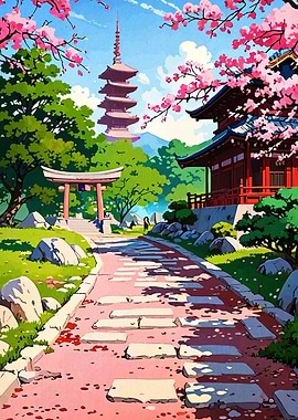 Japanese Garden with Pagoda and Cherry Blossoms