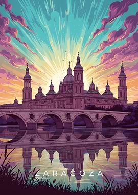Zaragoza cityscape at sunset illustration