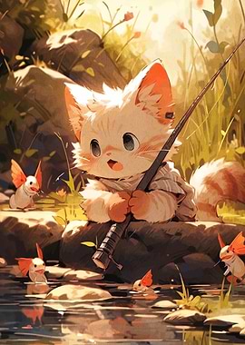 Cute Cat Fishing with Winged Fish