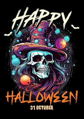 Happy Halloween Skull with Witch Hat