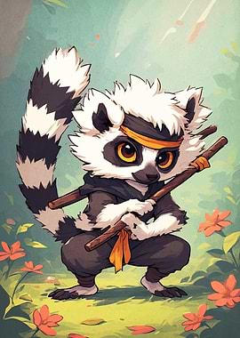 Cartoon Lemur Ninja with Sticks