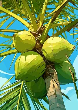 Coconut Palm Tree with Green Coconuts