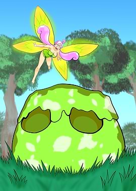 Cartoon Fairy and Green Slime Monster