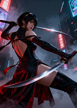 Cyberpunk Ninja with Dual Katanas
