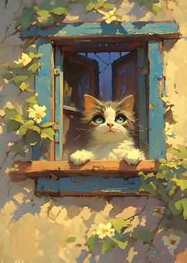 Cat in Window with Flowers