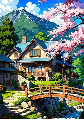 Anime Style House with Cherry Blossoms