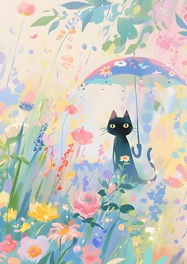 Black cat under floral umbrella