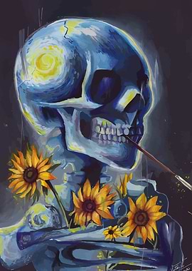 Skull with Sunflowers and Paintbrush