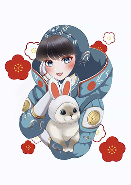 Anime Girl with Rabbit and Flowers