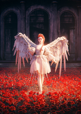 Angel in a field of roses