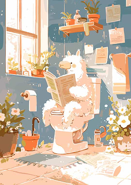 Llama Reading Newspaper on Toilet
