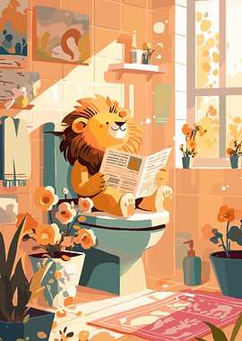 Lion Reading Newspaper on Toilet