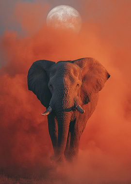 Elephant under the moon in orange haze