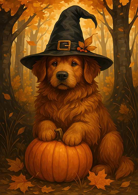 Dog wearing witch hat with pumpkin