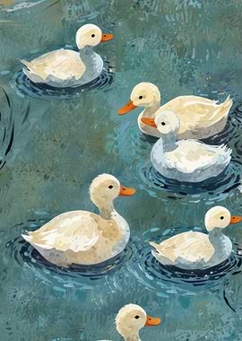 Watercolor Ducks Swimming in Pond Illustration