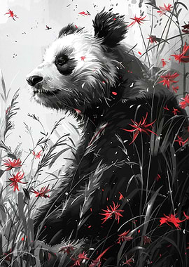 Panda in a Field of Flowers