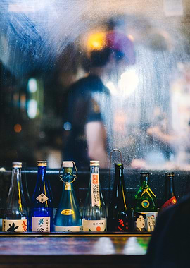 Japanese Sake Bottles in a Row