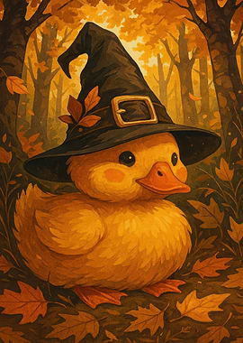 Duckling in Witch Hat Autumn Scene