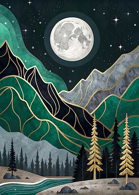 Emerald Moonlit Mountain Art Print Golden Starry Path