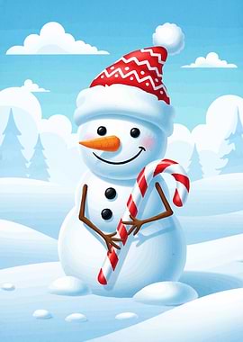 Cartoon Snowman Candy Cane