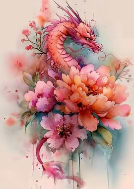 Dragon and Flowers Watercolor Painting