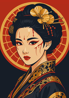 Geisha Portrait with Red and Gold