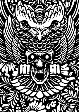 Owl, Skull, and Floral Blackwork Design