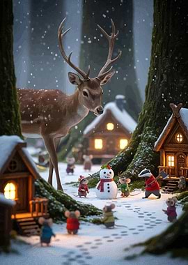 Winter Village with Deer and Mice
