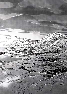 Monochrome Mountain Landscape with Cloudy Sky