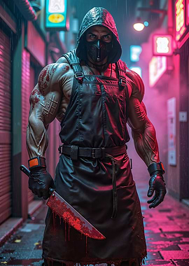Cyberpunk Butcher with Bloody Knife