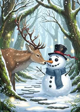 Deer and Snowman in Winter Forest