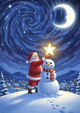Santa Claus and Snowman under Moon