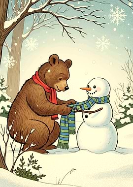 Bear and Snowman in Winter Forest