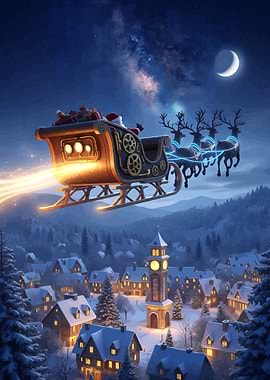 Santa's Steampunk Sleigh Over Snowy Village