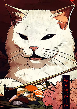 Cat with Sushi Japanese Art