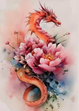 Dragon and Flowers Watercolor Painting