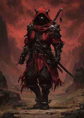 Red Hooded Warrior with Swords